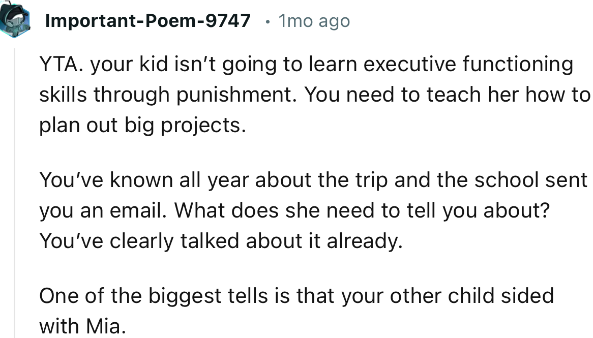 “YTA. Your kid isn’t going to learn executive functioning skills through punishment.”