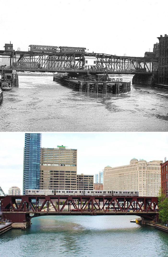 "Randolph Street Of The “L” Train Passing Over The Lake Street Bridge - 1910 Randolph Street Of The “L” Train Passing Over The Lake Street Bridge - 1910 And Today"