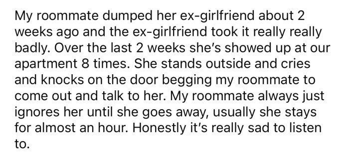 She explained that her roommate recently dumped her ex-girlfriend, and since then, the ex keeps turning up at their apartment.