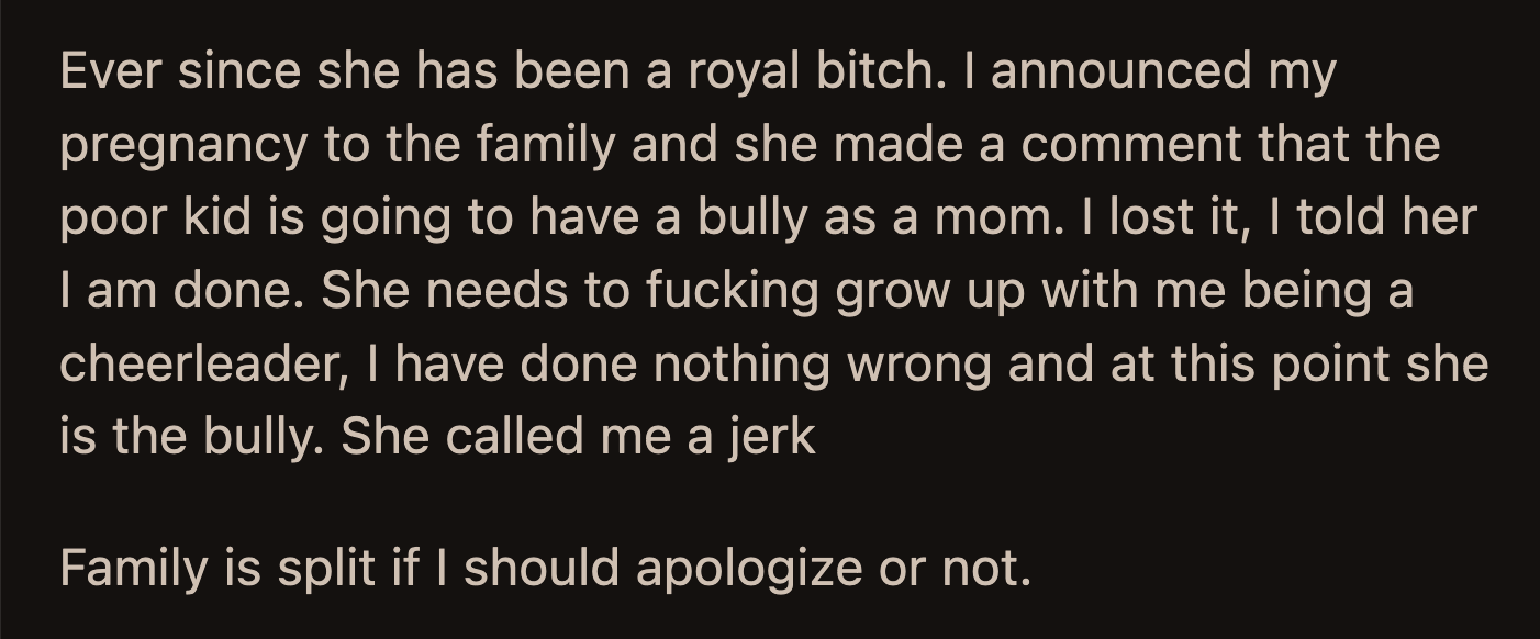 OP reiterated that she had done nothing wrong to her sister-in-law. She said her sister-in-law was now the bully for making her feel guilty by association.