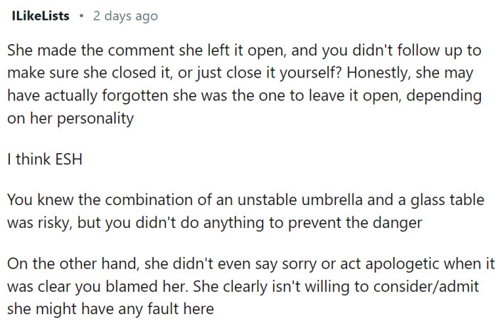 OP knew the combination of an unstable umbrella and a glass table was risky, but she didn't do anything to prevent the danger.