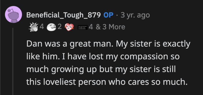 OP should give herself more credit. She doesn't recognize how much of her humanity she retained, but Redditors did.