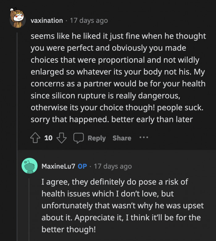 OP knows about the health risks of the breast implants and said it would have been different if that was Max's main concern, but it wasn't