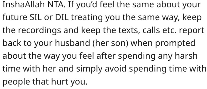 11. She should record conversations with other in-laws if necessary.