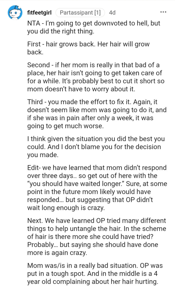 This Redditor doesn't blame the OP for her decision