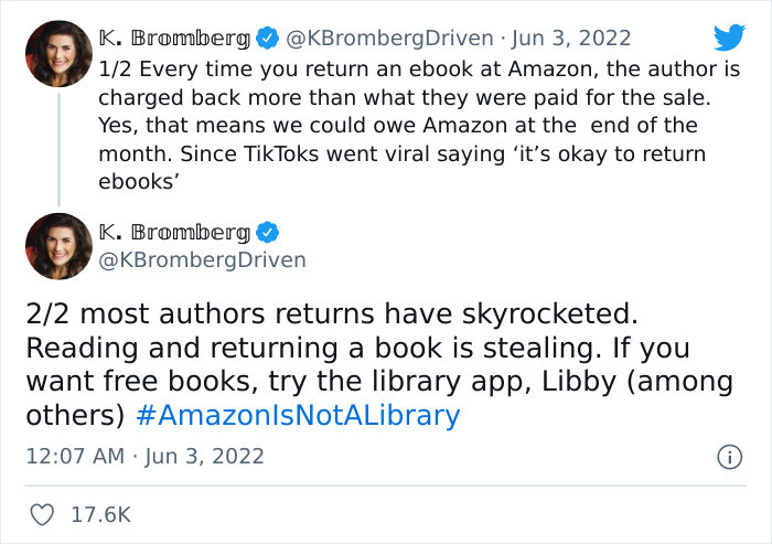 So when she opened her dashboard and saw a significant number of returns, she was surprised not only because her books were returned, but also because she owed Amazon money. Upset, she took to Twitter to voice her sentiments—and other authors joined in, sharing similar experiences.