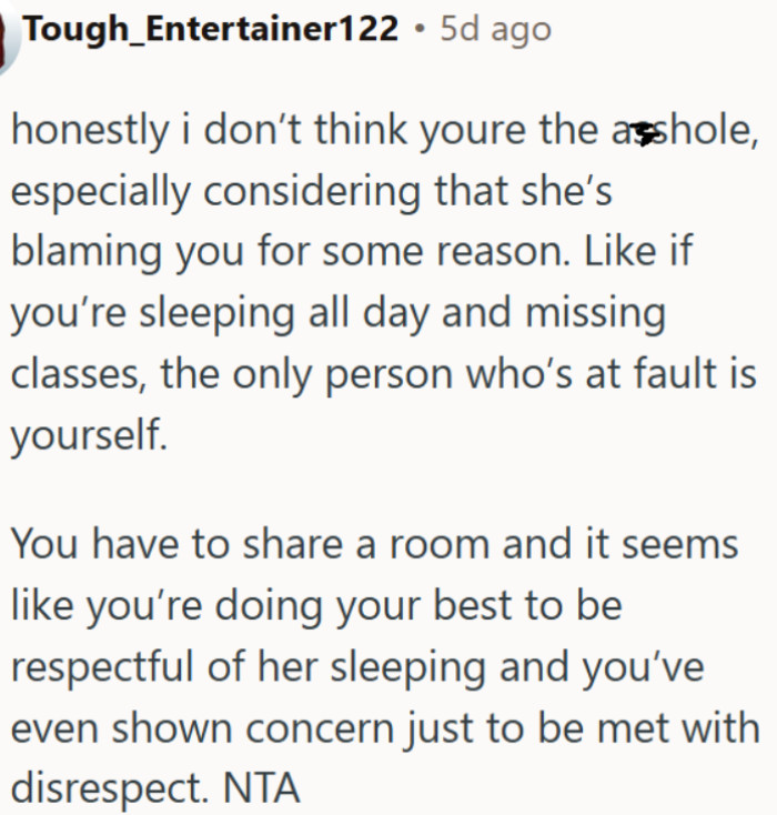 She sleeps through her own responsibilities and wants to make it an OP problem