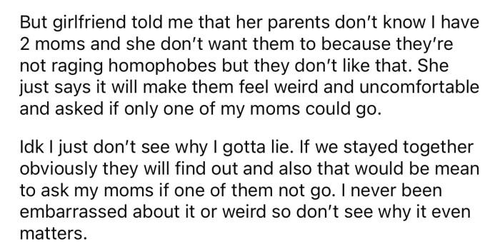OP's girlfriend claims that her parents are not homophobic, but they still 