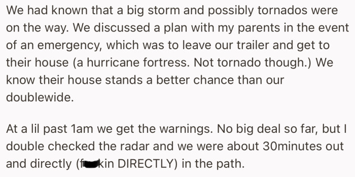 The family got warning of an incoming tornado by 1am