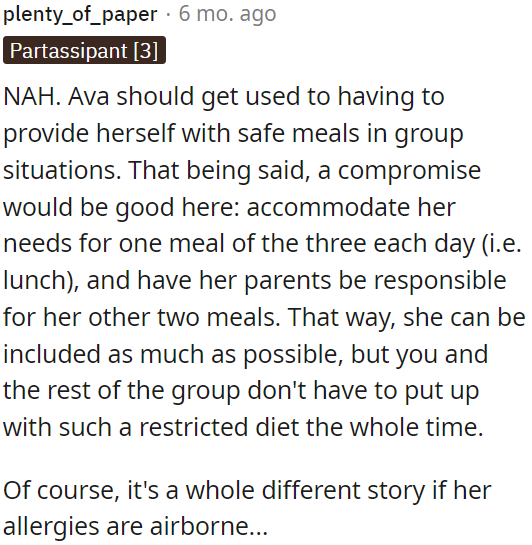 There could be a compromise: provide for her needs during one meal (lunch) while her parents handle the other two.