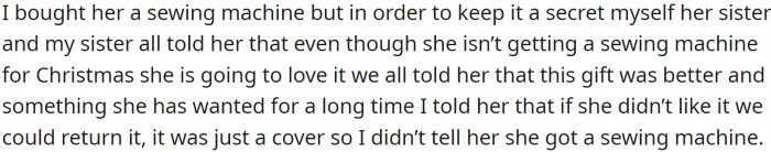 had purchased his wife a Nintendo Switch as an early gift but had kept a sewing machine he had bought for her a secret.