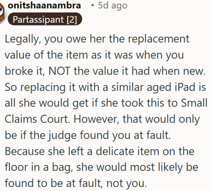 Leaving valuables on the floor makes the owner responsible, not the person who broke it