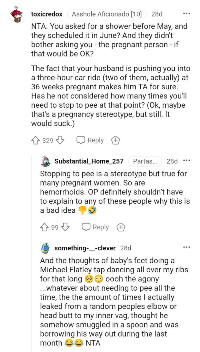 The husband is not even considering how many times the OP would have to get down to pee