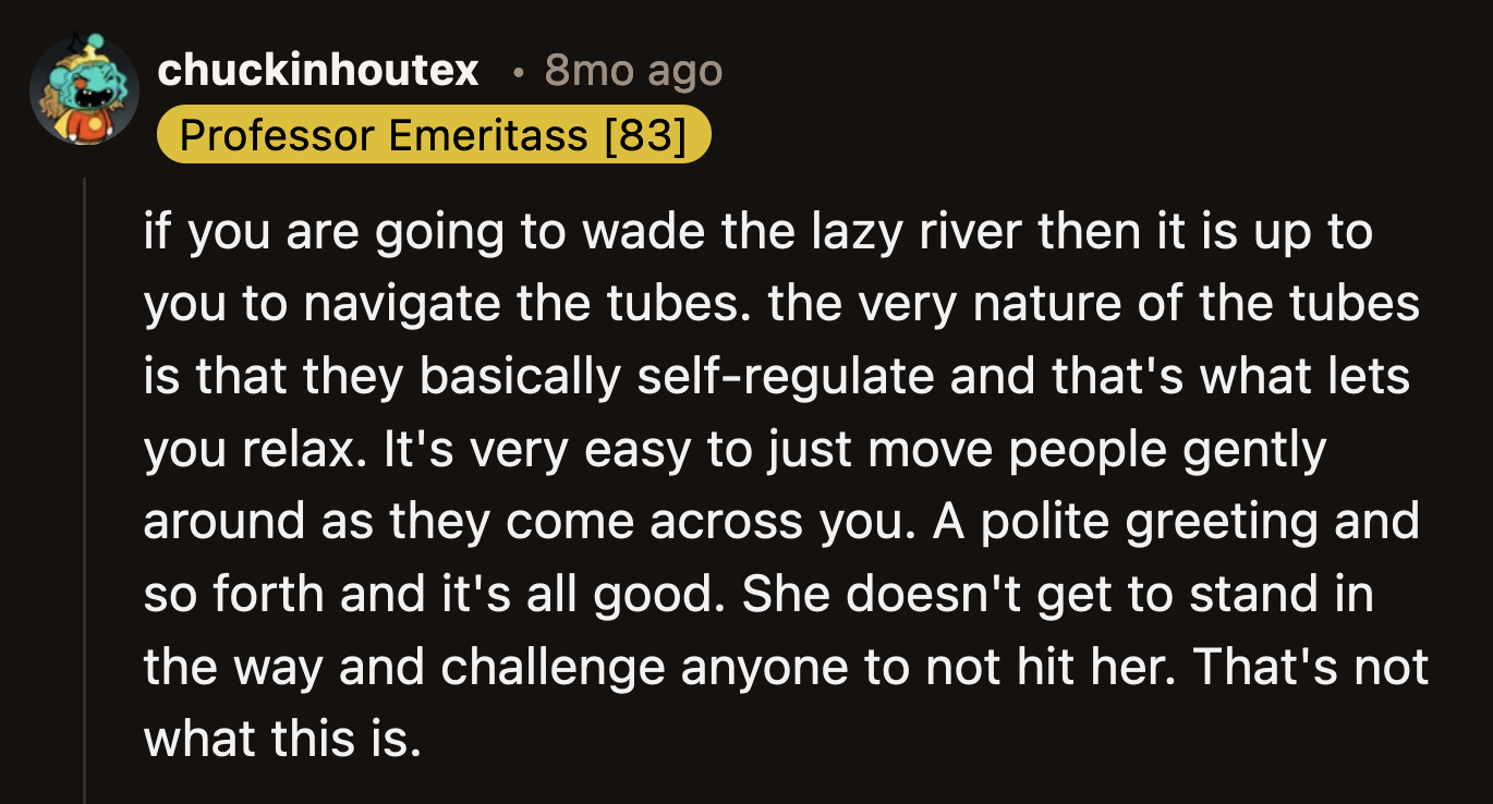 OP was not the a**hole according to most of the comments. They went into the lazy river and used it as intended. The woman with her baby did not.