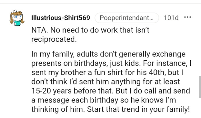 Adults don't generally exchange presents on birthdays