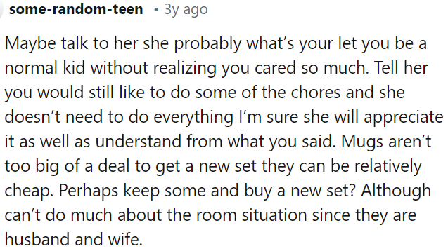 OP can discuss with her about lightening her responsibilities, showing appreciation for her efforts, and suggesting a compromise.