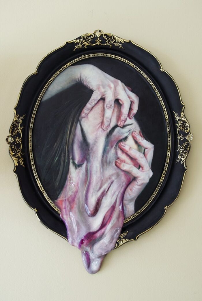 "Oil, epoxy sculpture, and resin on panel."