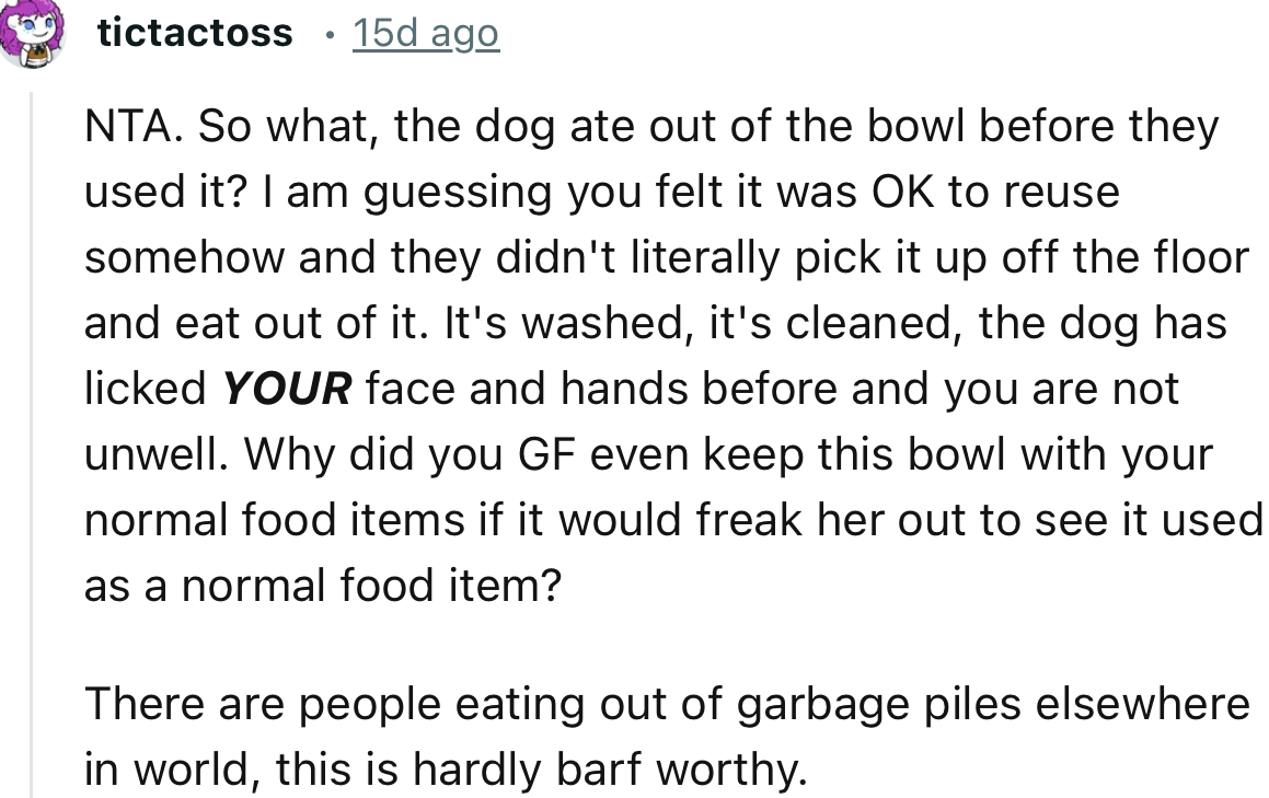“NTA. There are people eating out of garbage piles elsewhere in the world; this is hardly barf-worthy.”