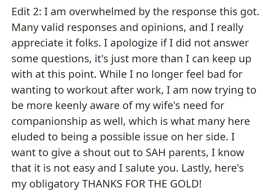 No more workout guilt, just heightened awareness of the wife's need for company.