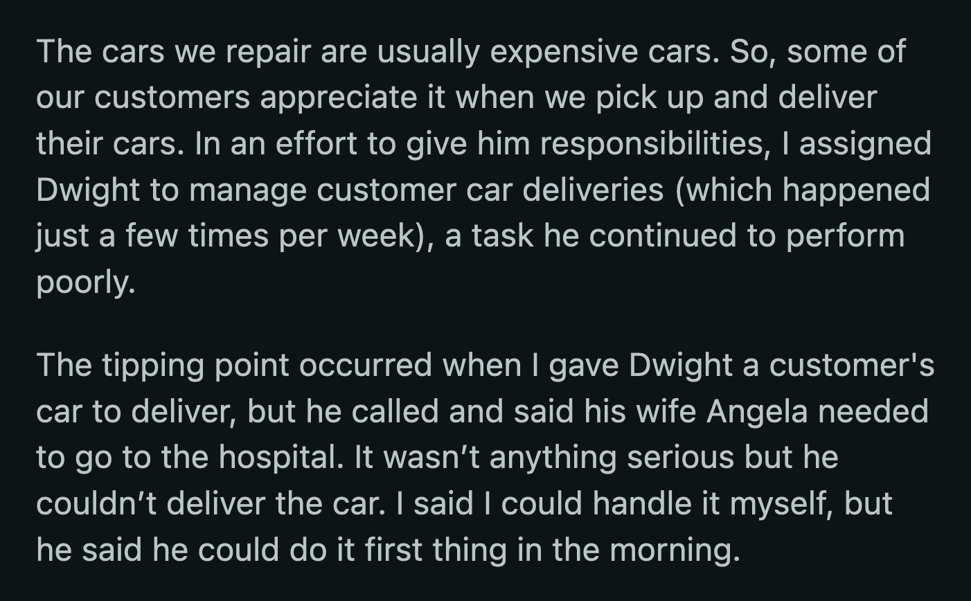 OP fired Dwight the next day despite his mother-in-law's attempts to smooth things over. OP realized Dwight was a liability. He would tarnish the reputation of his auto shop and other businesses.