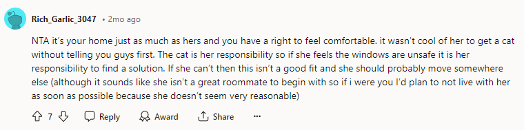 The cat is her responsibility