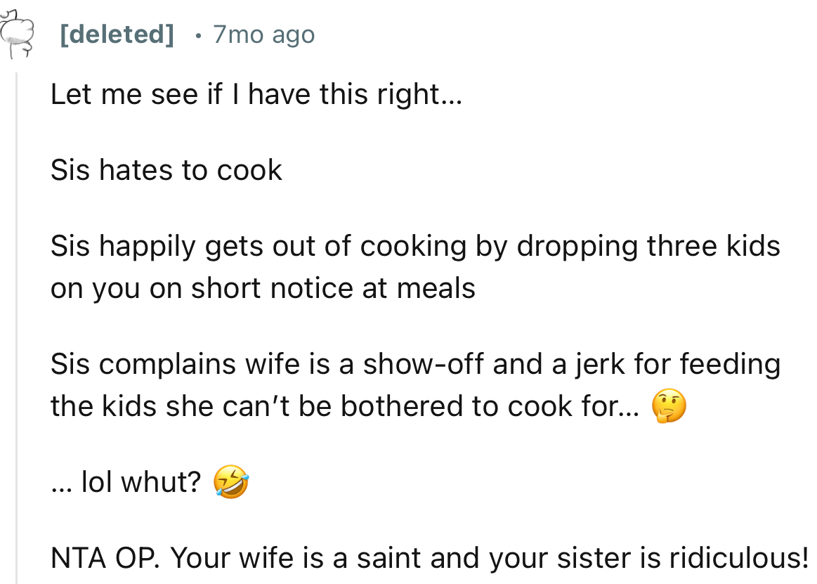 “NTA OP. Your wife is a saint and your sister is ridiculous!”