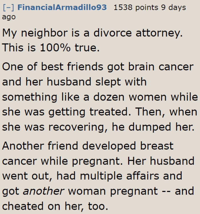 Even a divorce attorney agrees that men cheat when their wives get seriously sick.