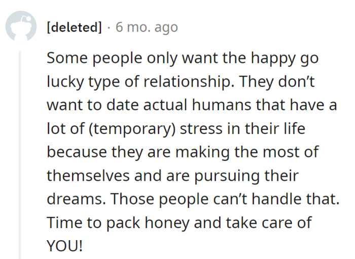 In her story, some prefer rom-coms over real-life drama. If they can't handle the hustle, time to pack—self-care o'clock.