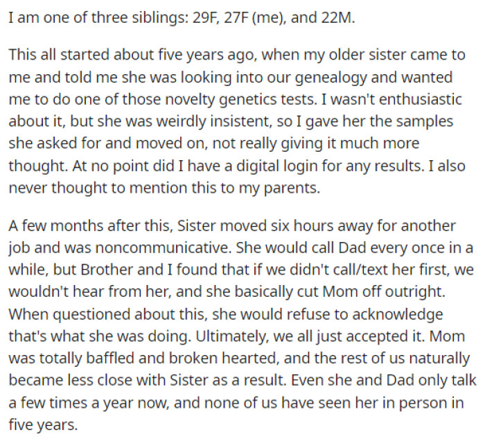 Here's the start of OP's post where she explains what happened 5 years ago and how her sister handled the information.