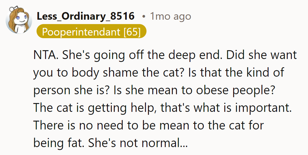 NTA. Why fat-shame a cat? Keep calm, help the chubby furball, and save judgment for the kibble aisle.