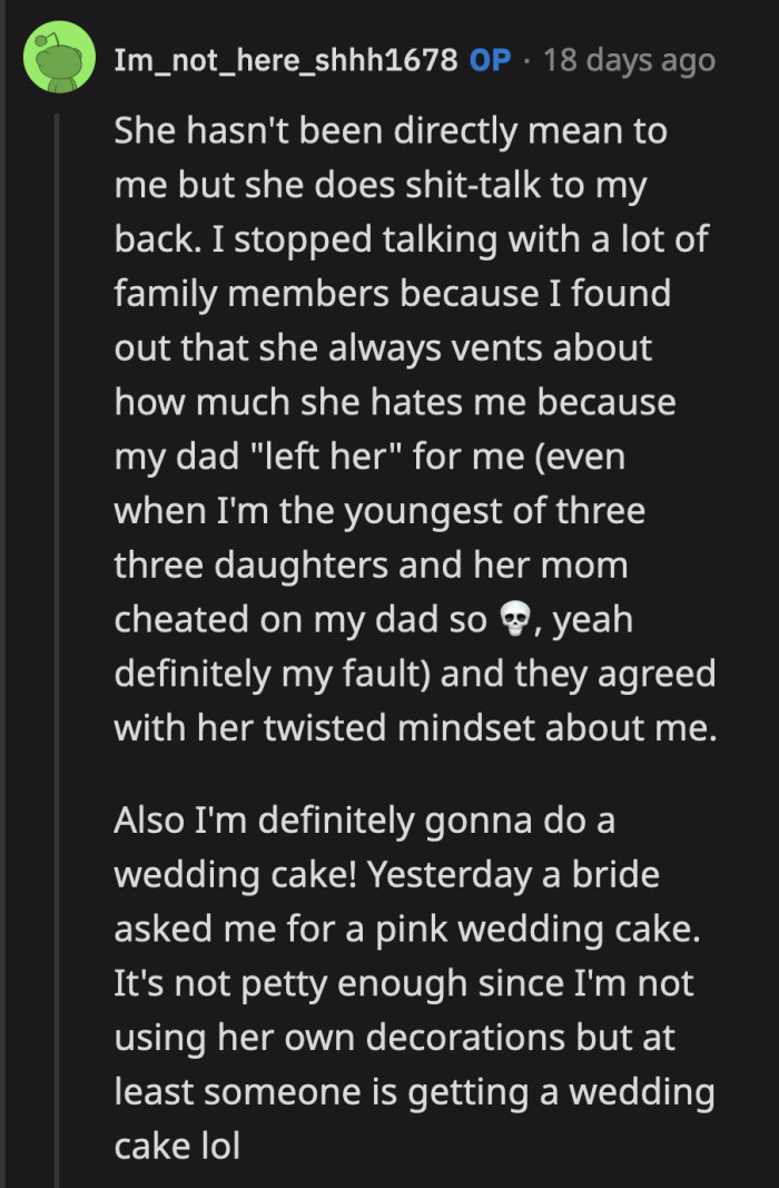 Yeah, Clara doesn't deserve to have OP at her wedding let alone bake her a cake for free