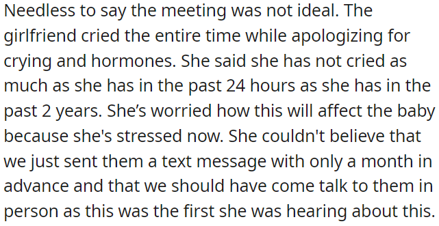 The meeting was a disaster, leaving the girlfriend in tears over worries about the baby's well-being.