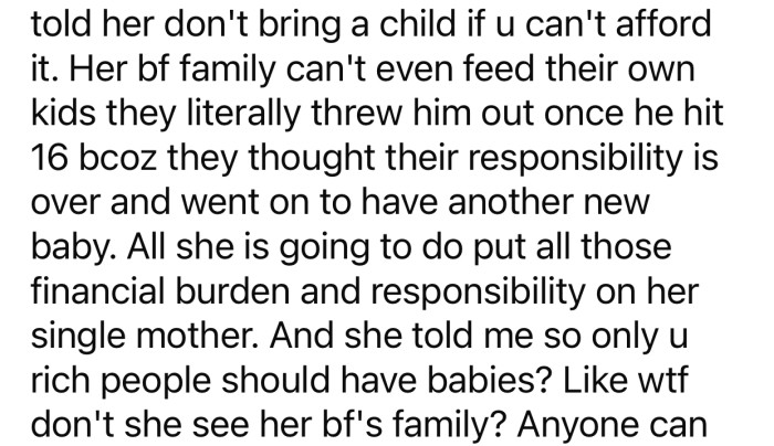 OP fears her friend might impose more responsibility and financial burden on her single mother.