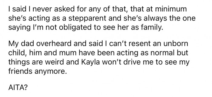 OP refuses to see Kayla as a parental figure and doesn't consider her dad's baby her sibling.