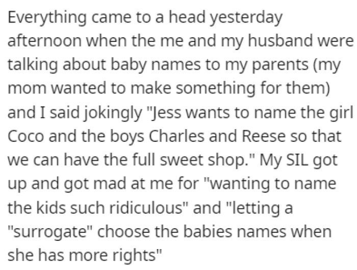 After OP made a joke about Jess naming the triplets, the SIL went off on OP