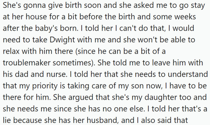 When Cristina asks OP to accompany her to appointments, OP explains that she cannot attend due to Dwight's severe anxiety in hospitals.