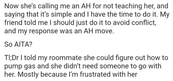 She's calling the OP an AH for not teaching her and saying that it’s simple and that the OP has the time to do it