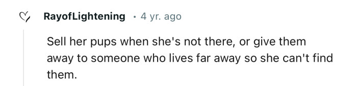“Sell her pups when she's not there, or give them away.”