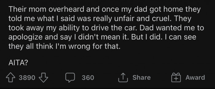 OP's parents forbade her from driving the car after that incident.