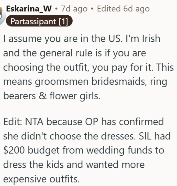 Whoever picks the outfit should foot the bill, not the parents