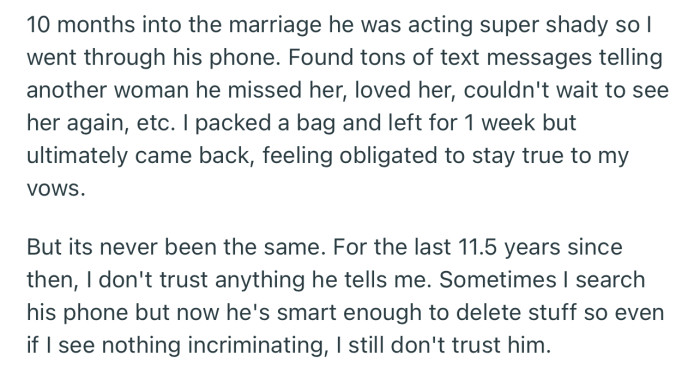 10 months into their marriage, OP caught her husband cheating and it’s never been the same ever since