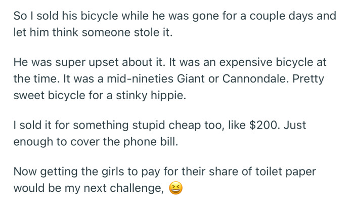 In response, OP sold his roommate's expensive bicycle to offset the phone bill