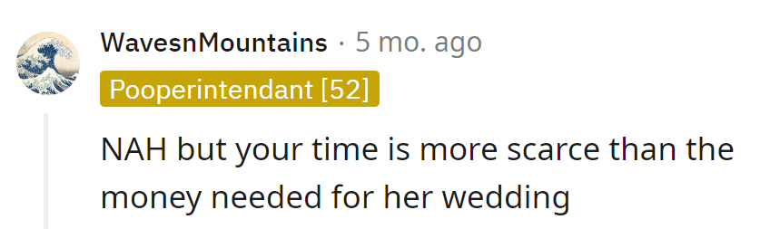 In this scenario, time seems more precious than the funds required for the wedding.