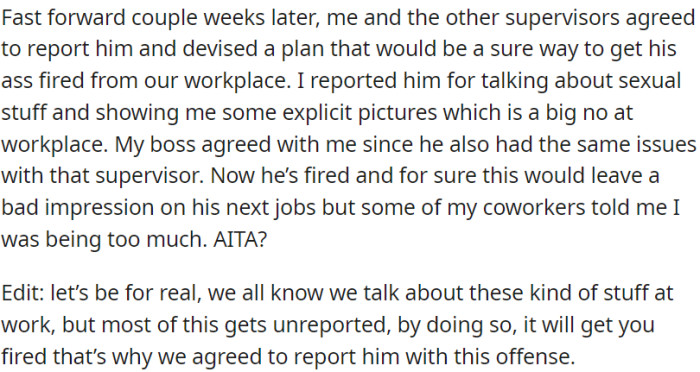 OP reported a fellow supervisor for discussing explicit topics and showing inappropriate images at work.