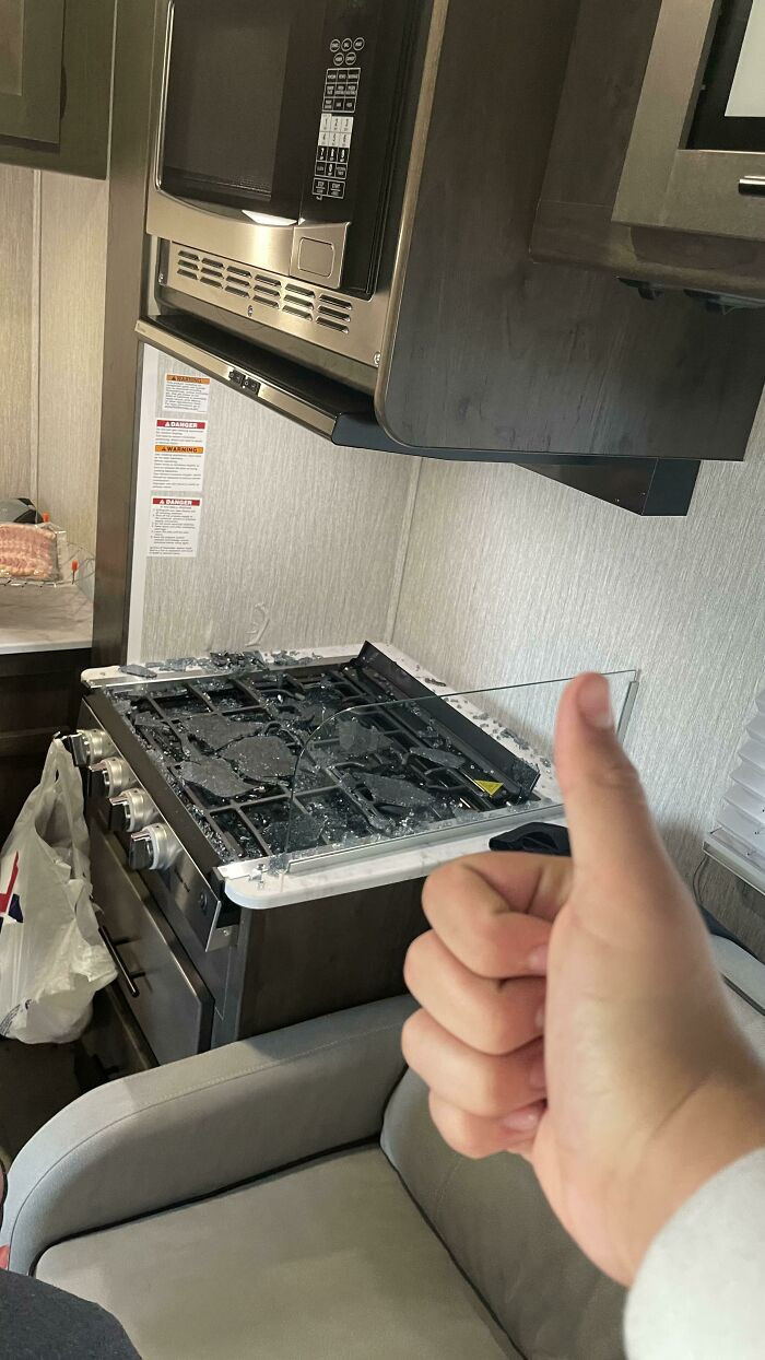 "Just Rented An RV For The Weekend, Forgot To Take Off The Glass When Cooking"