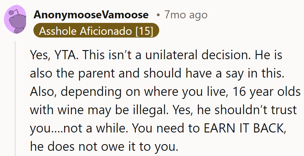 YTA. Parenting is a tag team; decisions like this need a pre-game chat. Trust is earned, not decanted.