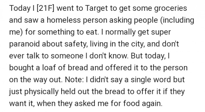 OP explained that she went to Target to get some groceries, where she met a person begging for food