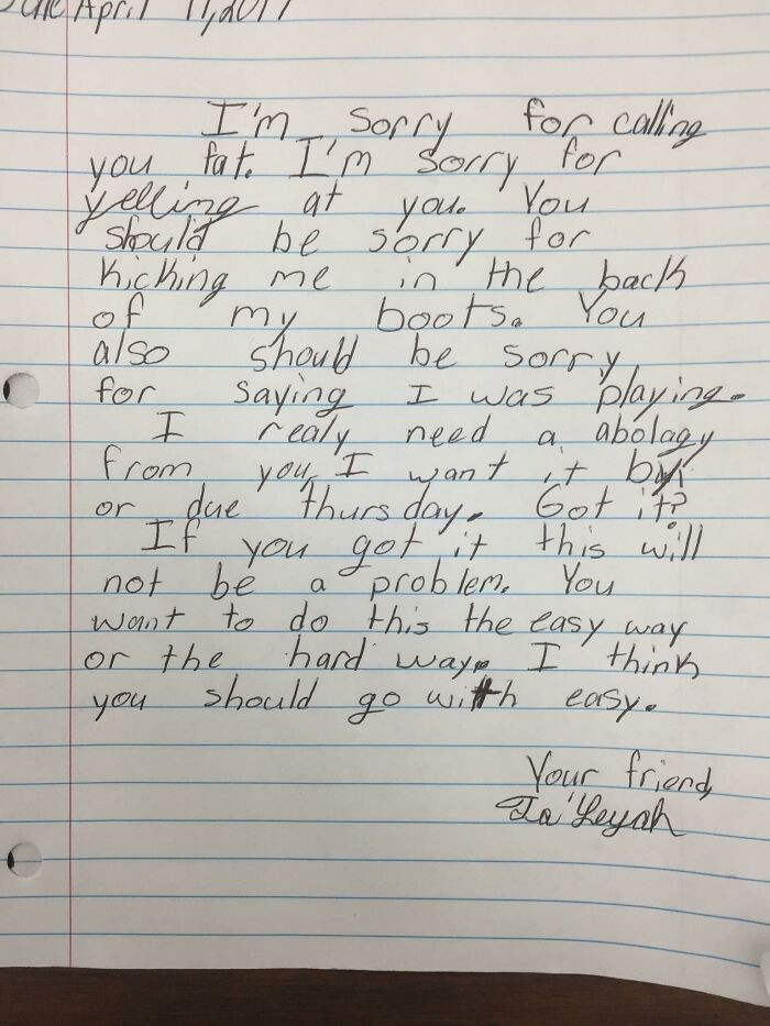 "My Friend Is A 3rd Grade Teacher. He Made A Student Write An Apology Letter To Another Student. Sounds Like Some Fightin' Words"