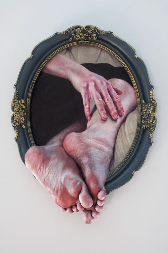 "Oil and epoxy sculpture on panel."