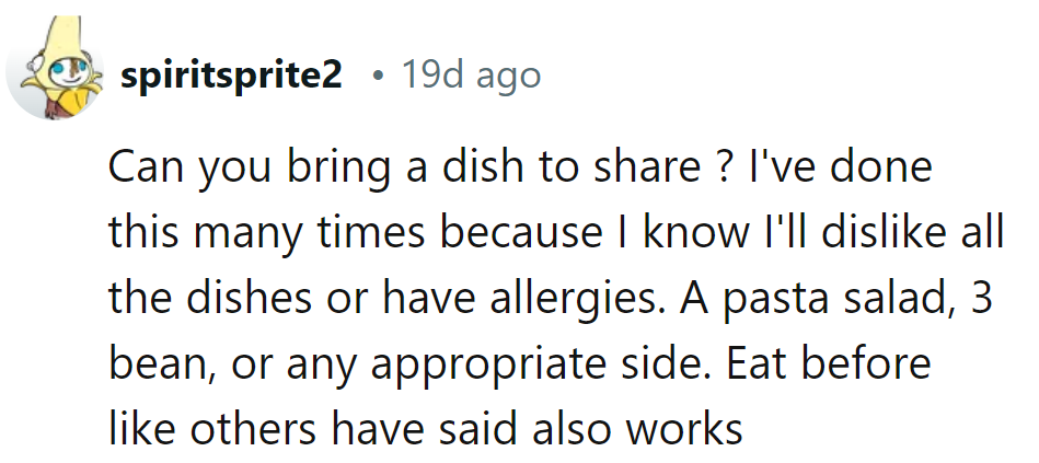 Could she bring a dish to share? It's like a potluck with a personal twist. And hey, pre-feast for extra flair!